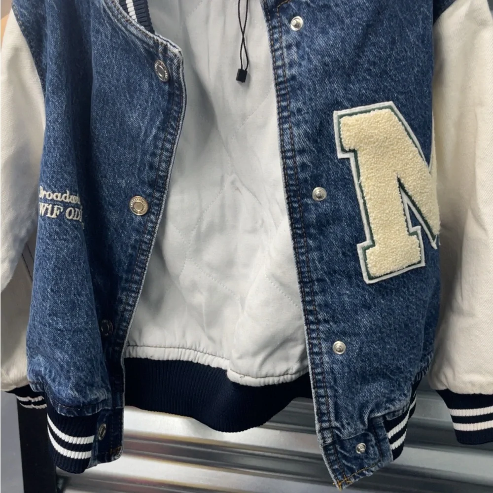 Zara Denim Varsity Jacket with White Sleeves - Picture 1 of 2